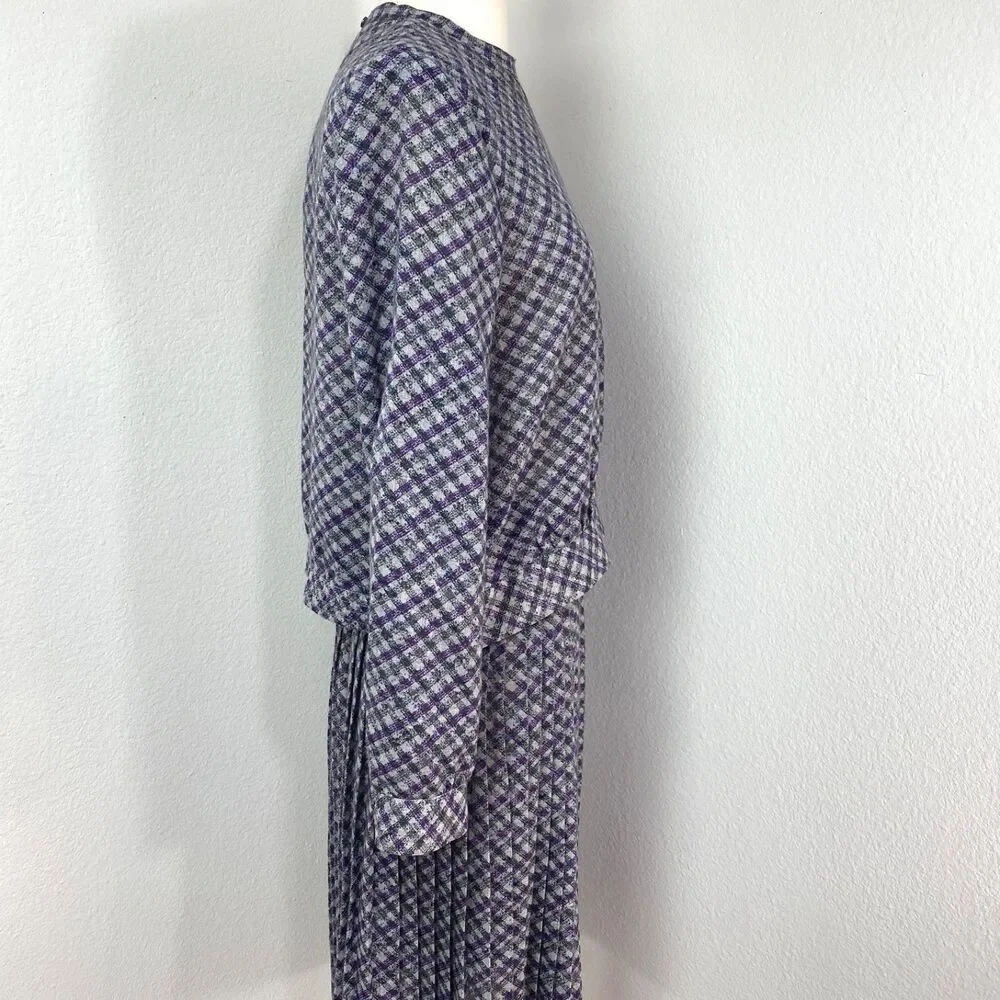 Vintage 80s Two-Piece Skirt & Blouse Med 8 Julie Miller Purple Plaid Lightweight